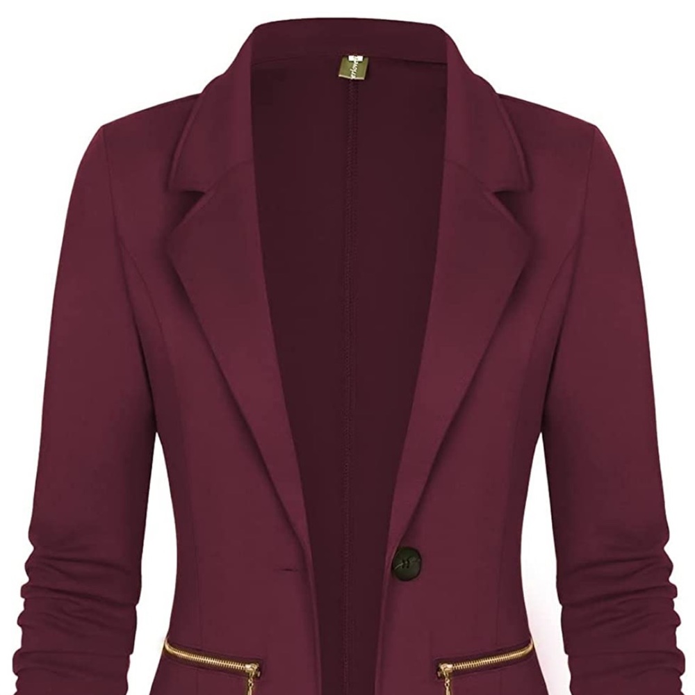 Wine Red Blazer Lapel Collar Gold Zipper